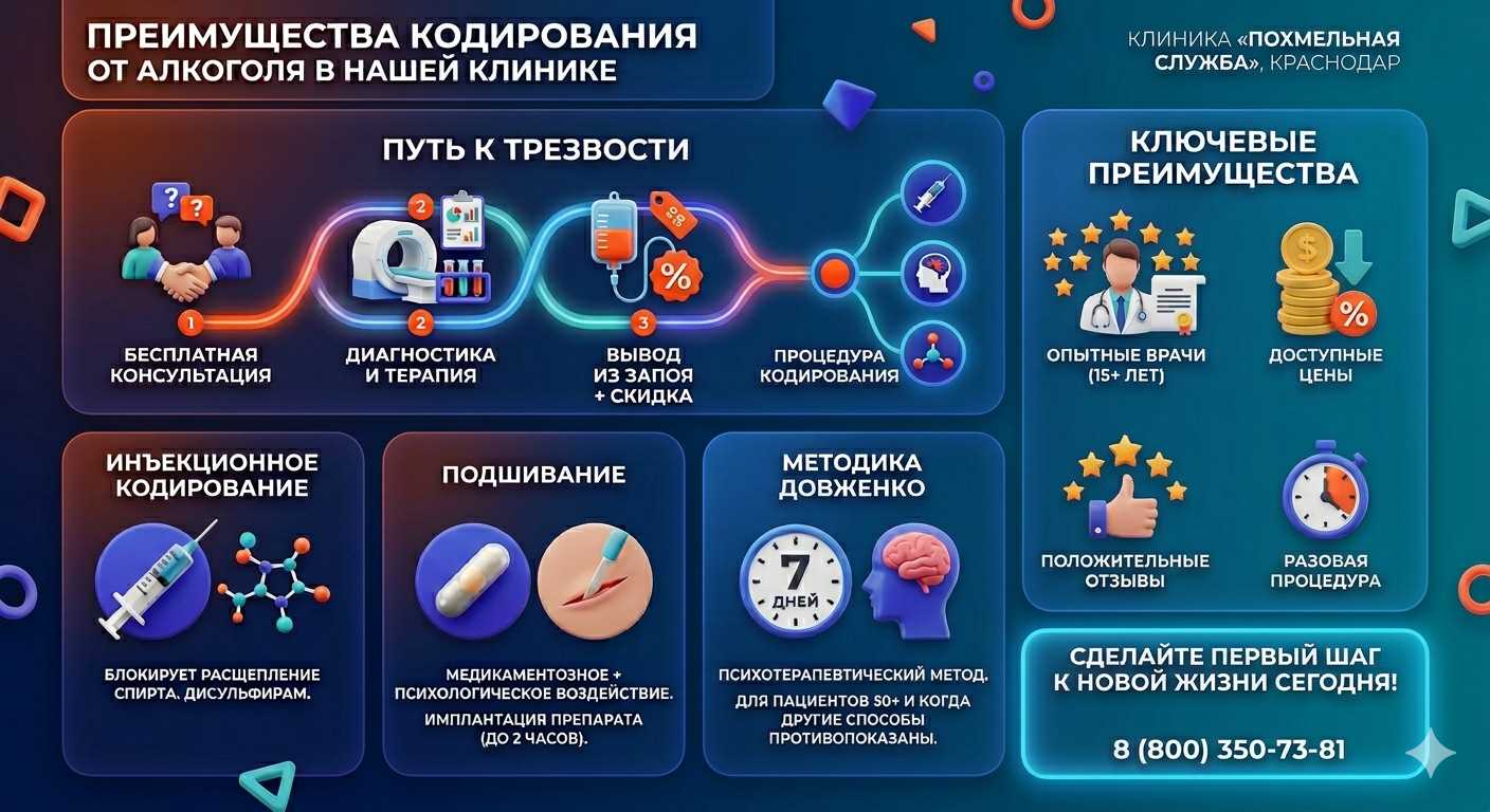Инфографика о методах кодирования от алкоголя в Благодарном: инъекции, подшивание, метод Довженко. Преимущества клиники и этапы лечения.