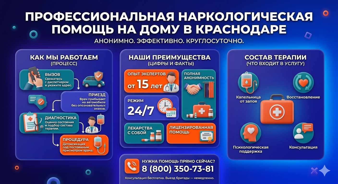 Инфографика о принципах лечения алкоголизма на дому в Благодарном: этапы вызова нарколога, преимущества анонимной детоксикации и состав медицинской помощи.